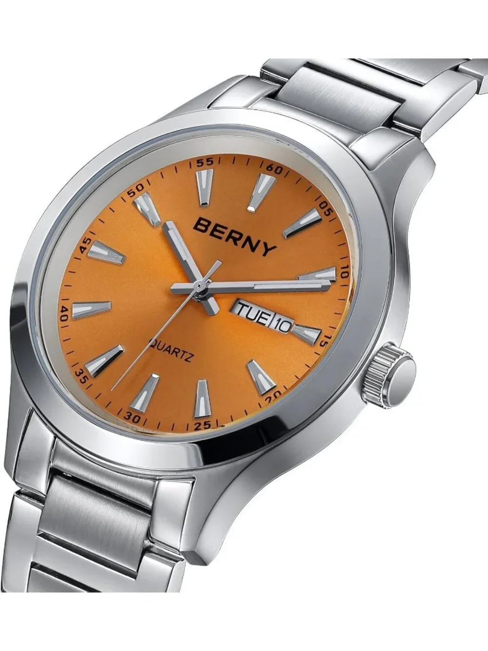 Mens Orange Stainless Steel Quartz Waterproof Luminous Silver-Tone Classic Watch